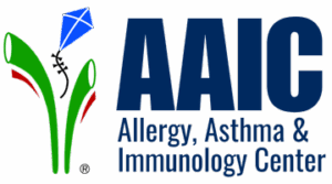 The AAIC logo features stylized green allergy test vials forming a person with a blue kite, alongside the clinic name in bold navy text.