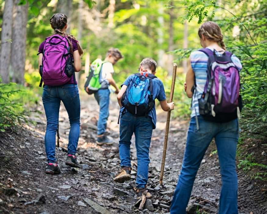 A family hikes up a rocky forest trail with backpacks and walking sticks, illustrating active living supported by good respiratory health.